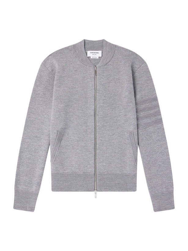 Photo: Thom Browne - Striped Wool, Linen and Cotton-Blend Zip-Up Cardigan - Gray
