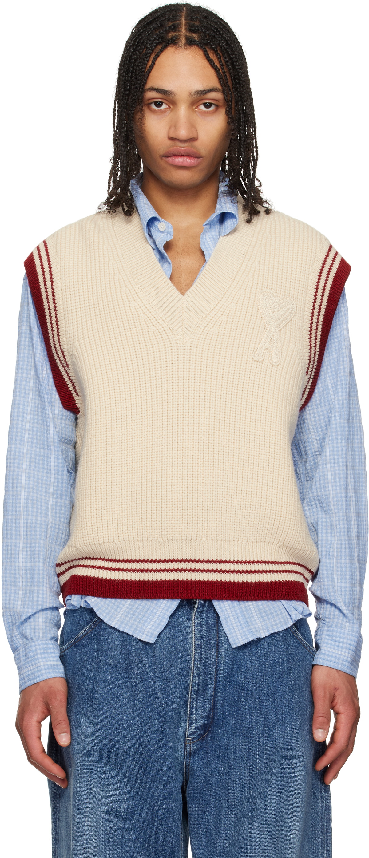 AMI Paris Beige Wool Ribbed V Neck Vest