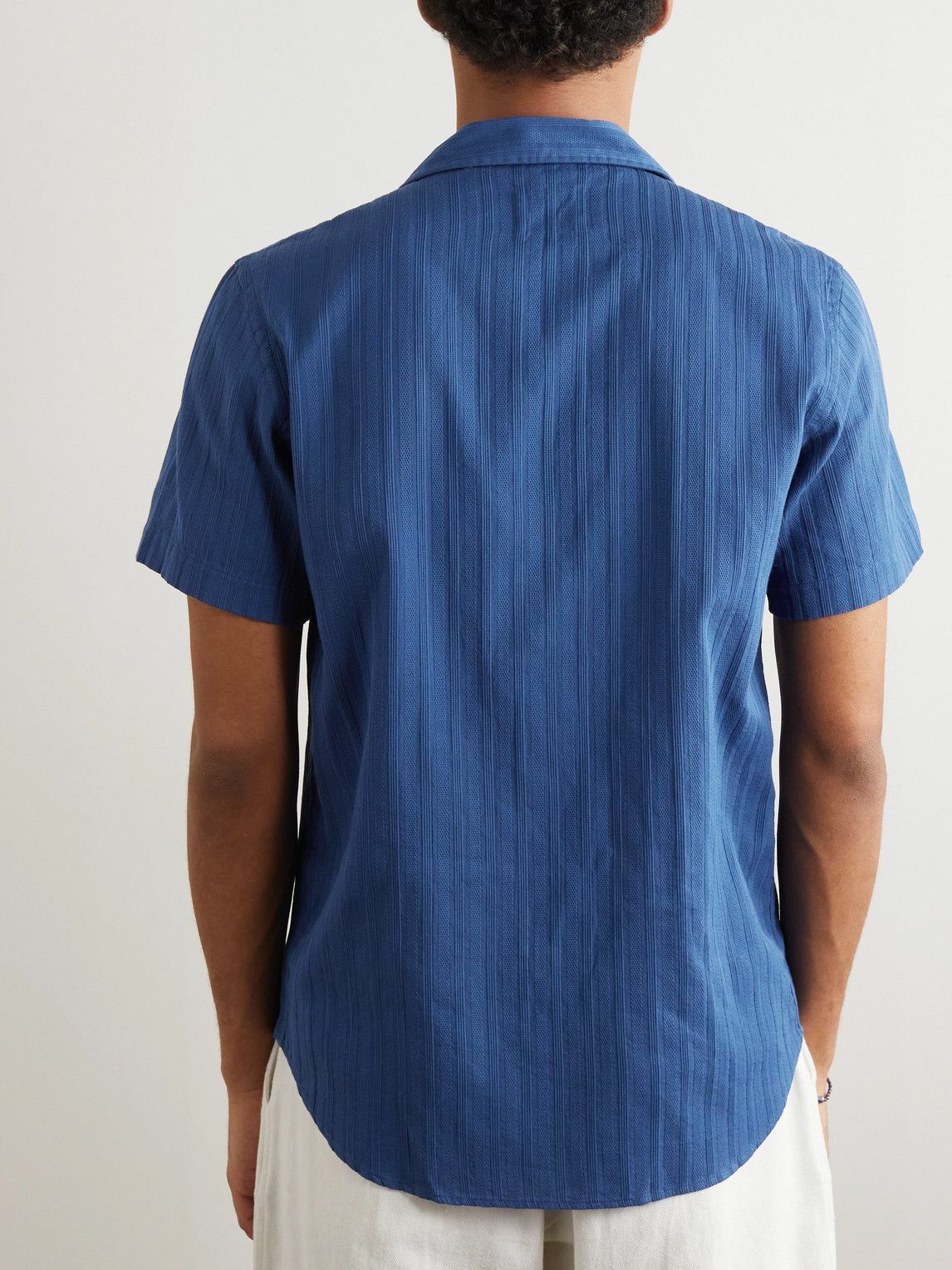 La Paz - Panama Convertible-Collar Striped Textured-Cotton Shirt - Blue