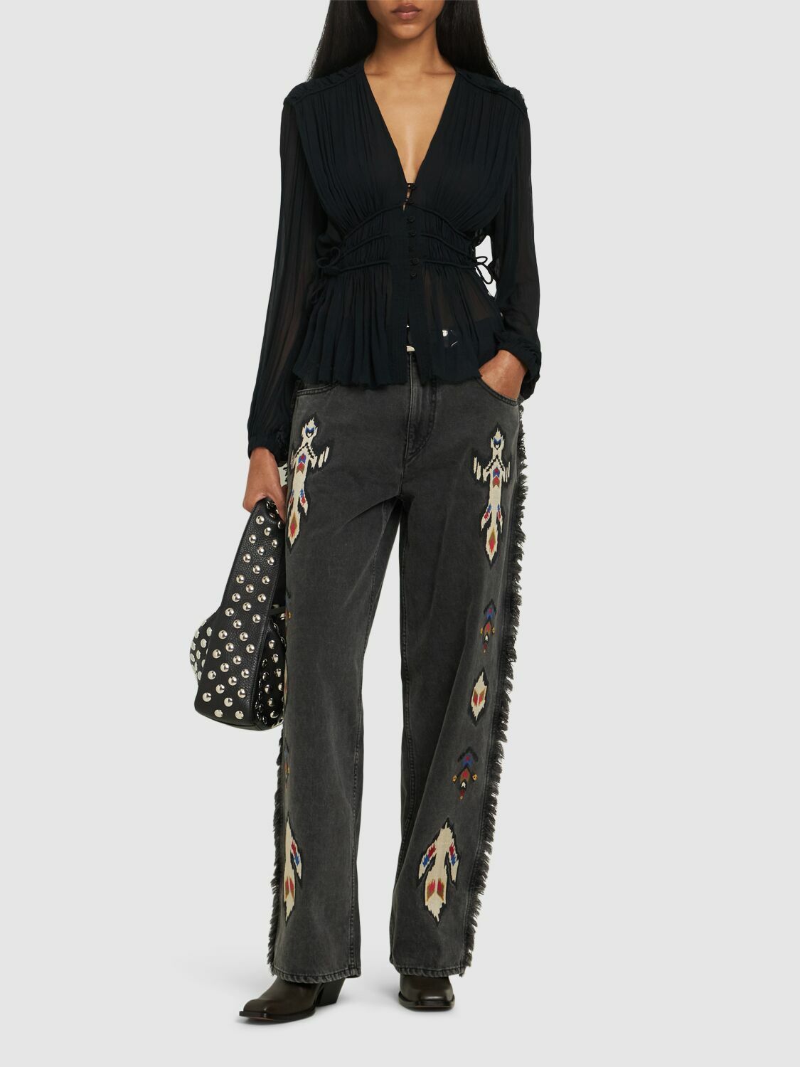MARANT ETOILE Maella Embroidered Denim Wide Leg Jeans Isabel MARANT ETOILE Maella Embroidered Denim Wide Leg Jeans Isabel