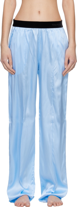 Photo: TOM FORD Blue Stretch Silk Satin PJ Lounge Pants