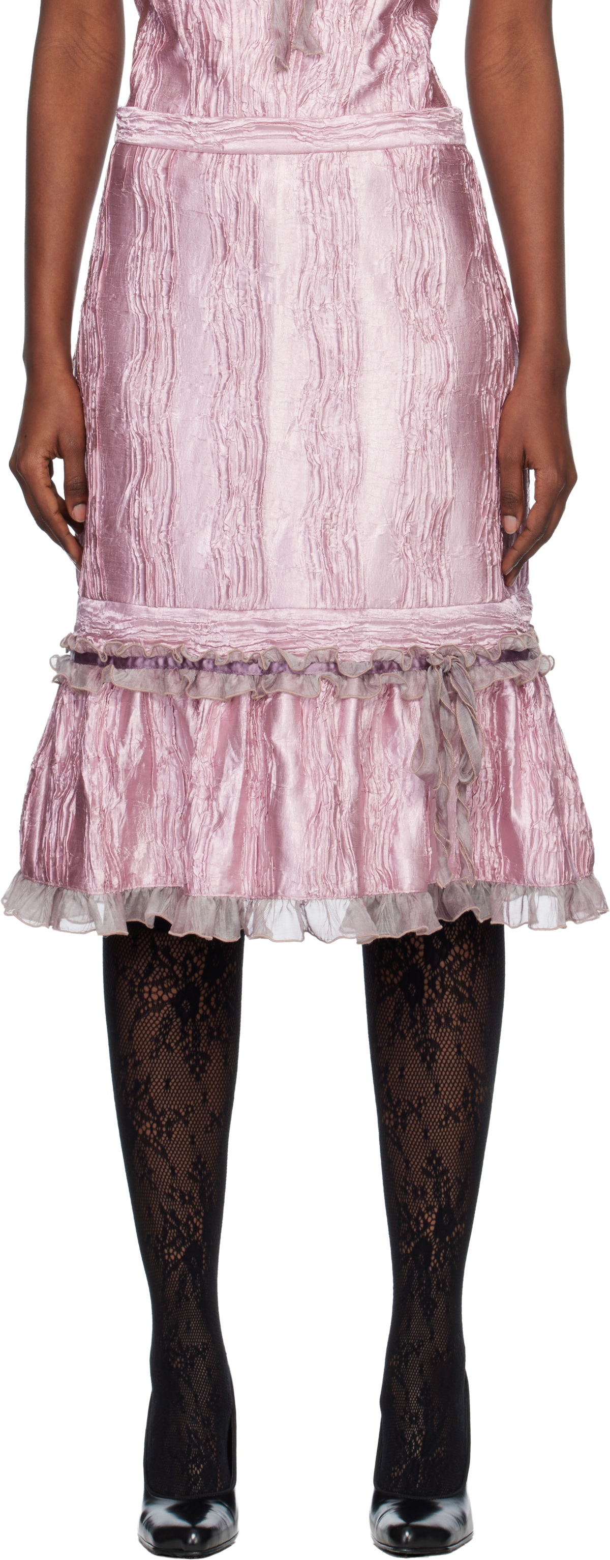 Anna Sui Pink Crushed Satin Ruffle Midi Skirt
