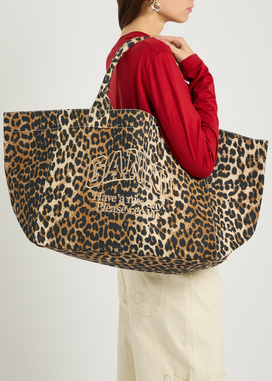 Ganni Printed Xxl Shopper Canvas Tote bag - Leopard - One Size
