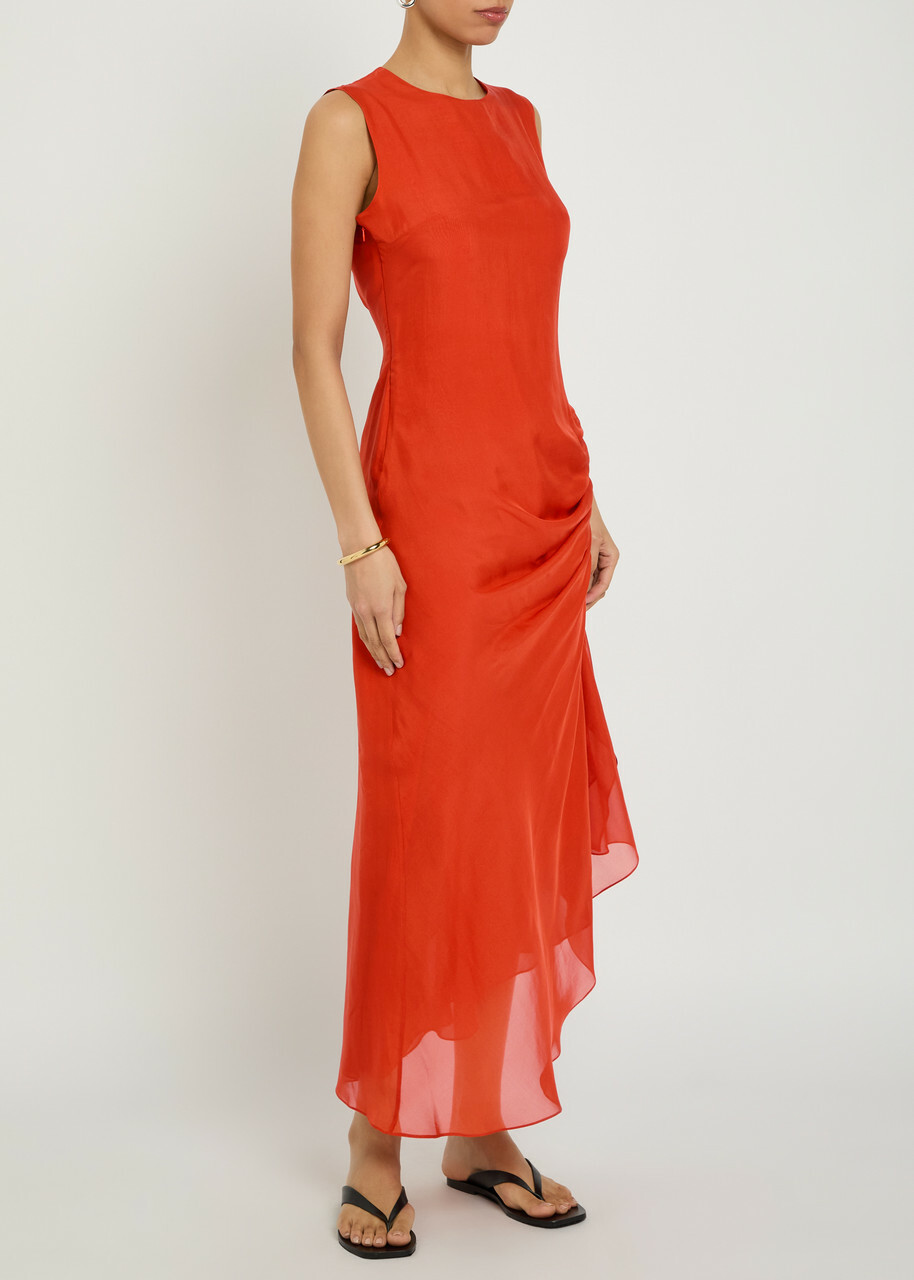 Liberowe Enya Gathered Silk Maxi Dress Red