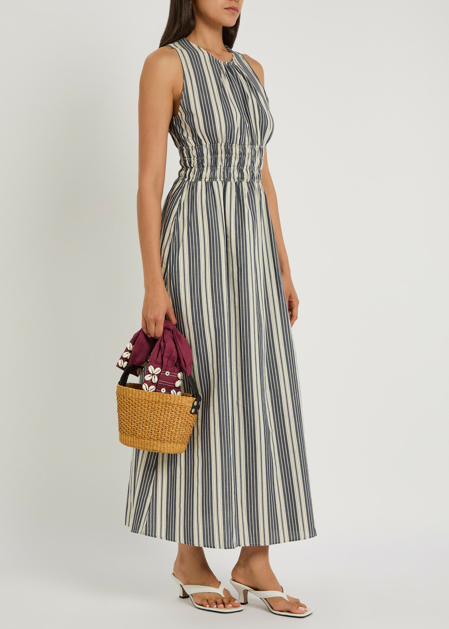 Faithfull The Brand Callista Striped Cotton Midi Dress Navy