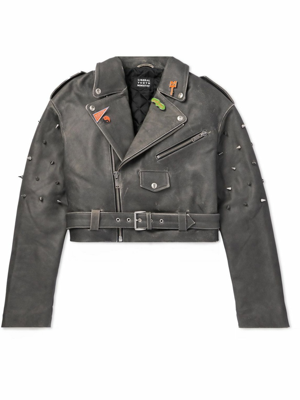 Photo: Liberal Youth Ministry - Cropped Embellished Printed Leather Jacket - Gray