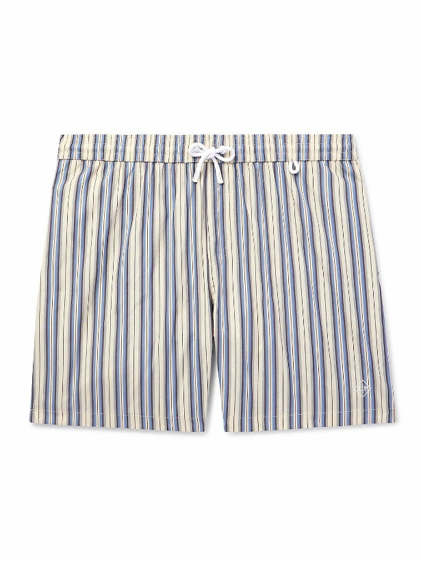 Photo: Loro Piana - Bay Vintage Straight-Leg Mid-Length Logo-Print Striped Swim Shorts - Gray