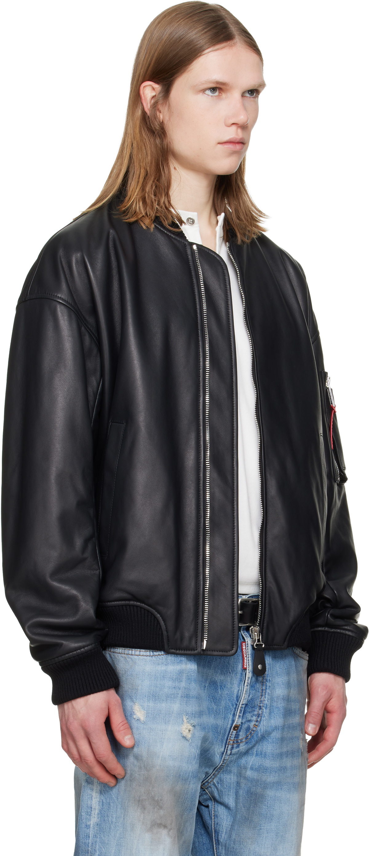 Dsquared2 Black Leather Bomber Jacket