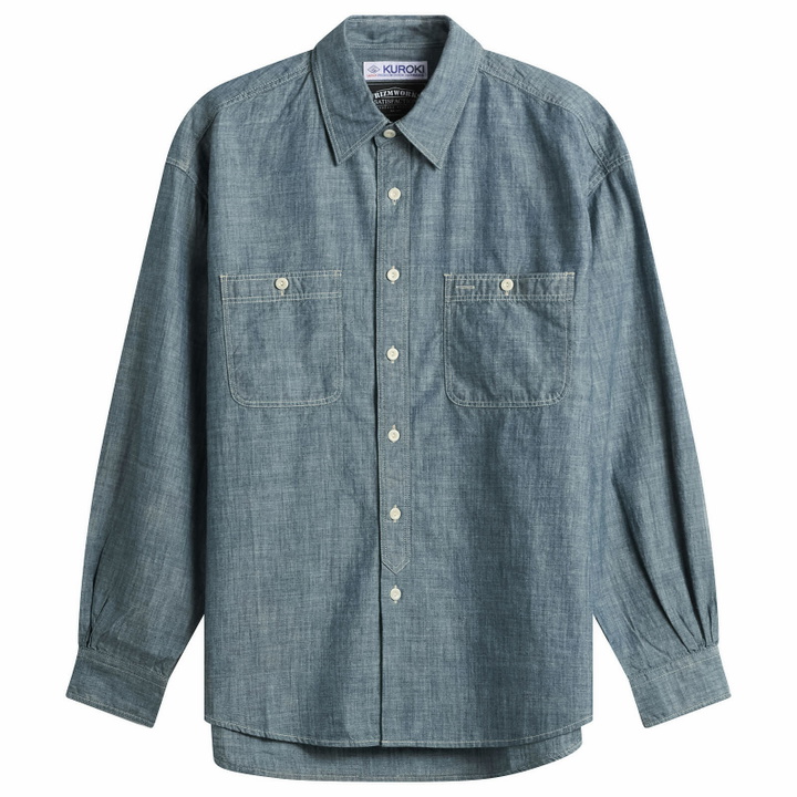 Photo: FrizmWORKS Men's Kuroki Chambray Work Shirt in Washed Blue