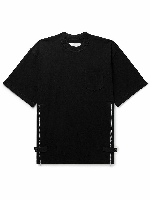 Photo: Sacai - Grosgrain-Trimmed Button and Zip-Detailed Cotton-Jersey T-Shirt - Black