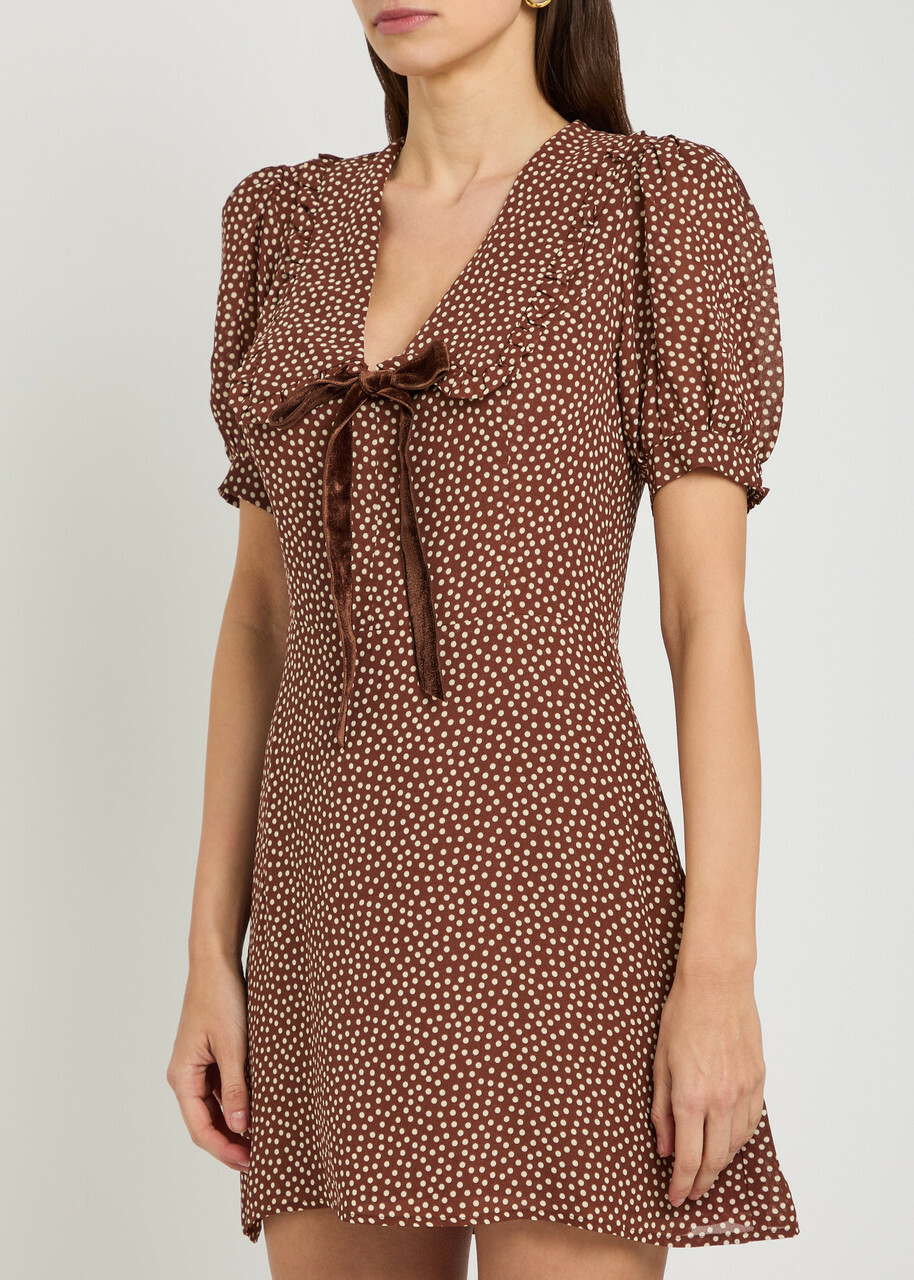 Reformation Kaylia Polka-dot Appliquéd Chiffon Mini Dress Brown