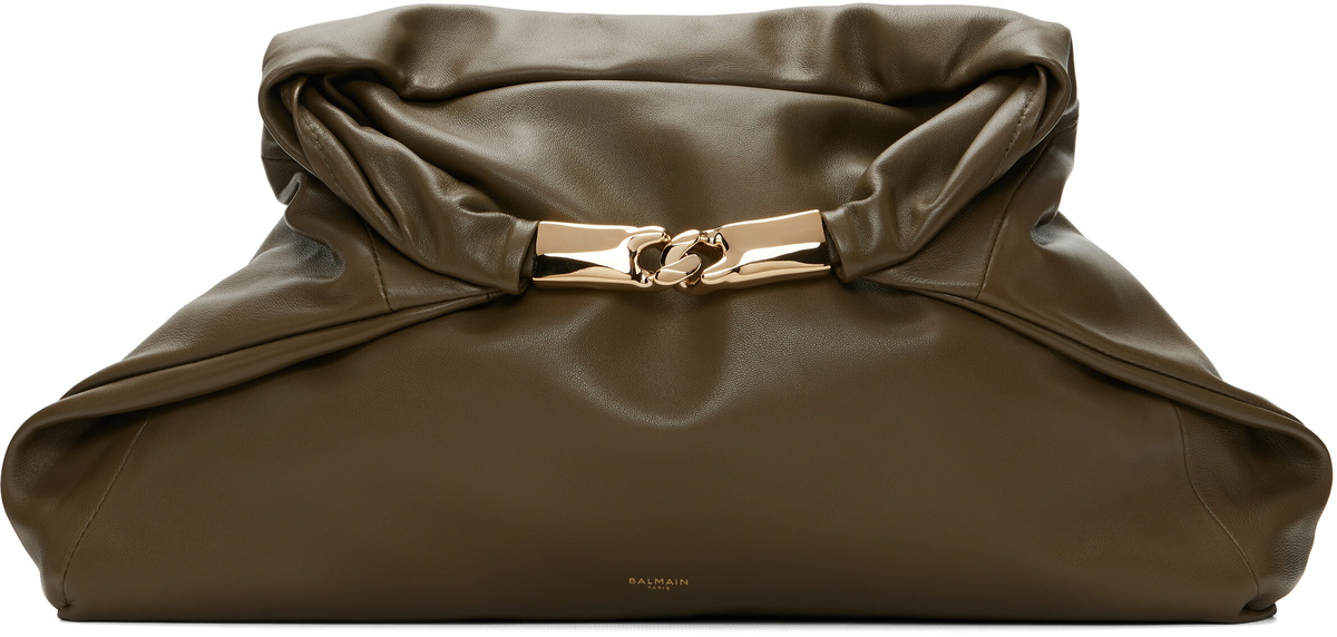 BALMAIN Khaki 'Dinner At 8' Medium Smooth Leather Clutch