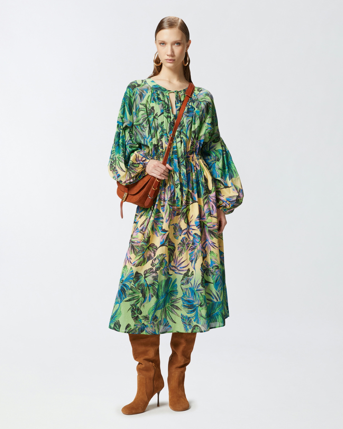 Pinko Wide Midi Dress With Tropical Leaf Motif Multi. Yellow/Pink