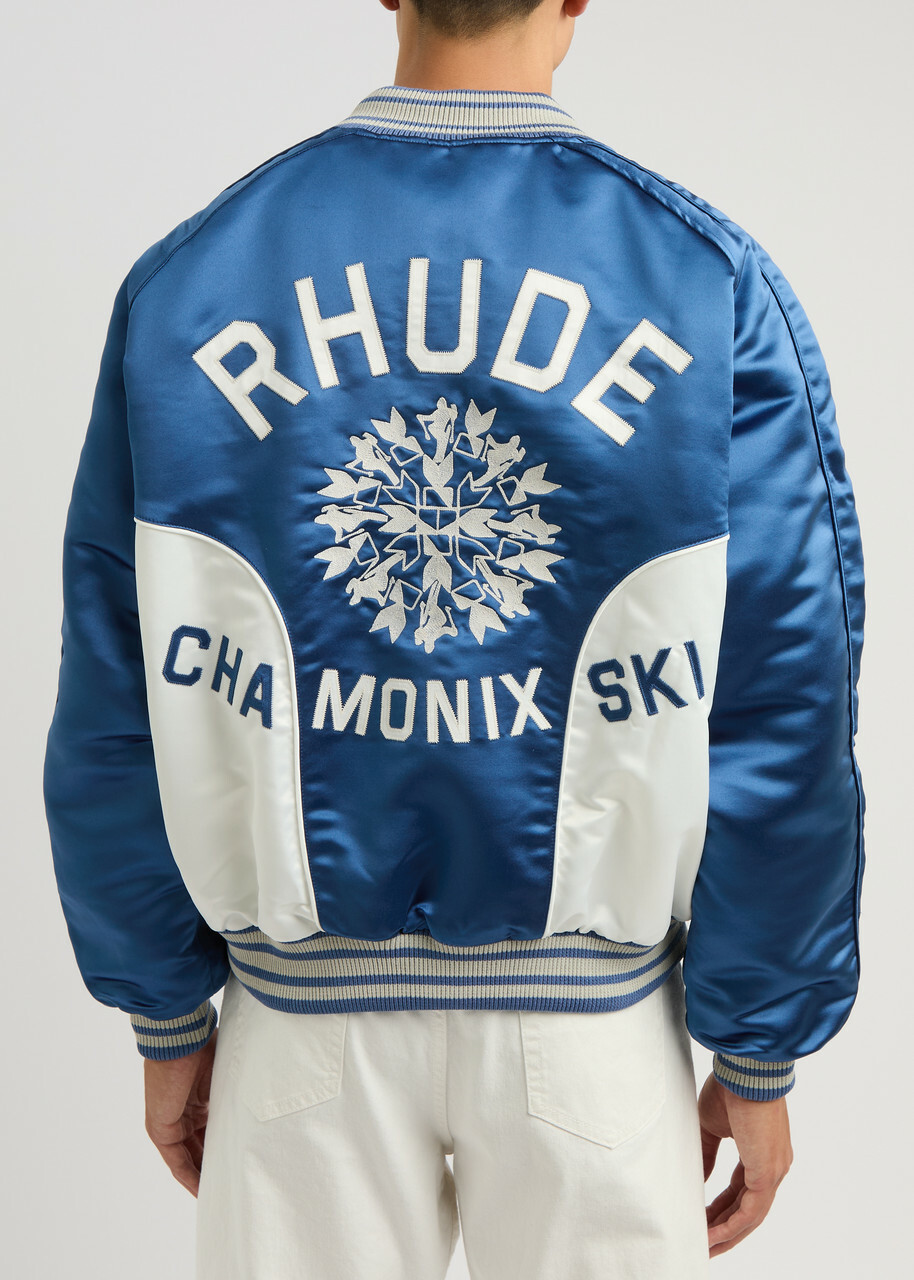 Rhude Chamonix Ski Souvenir Satin Bomber Jacket Blue And White