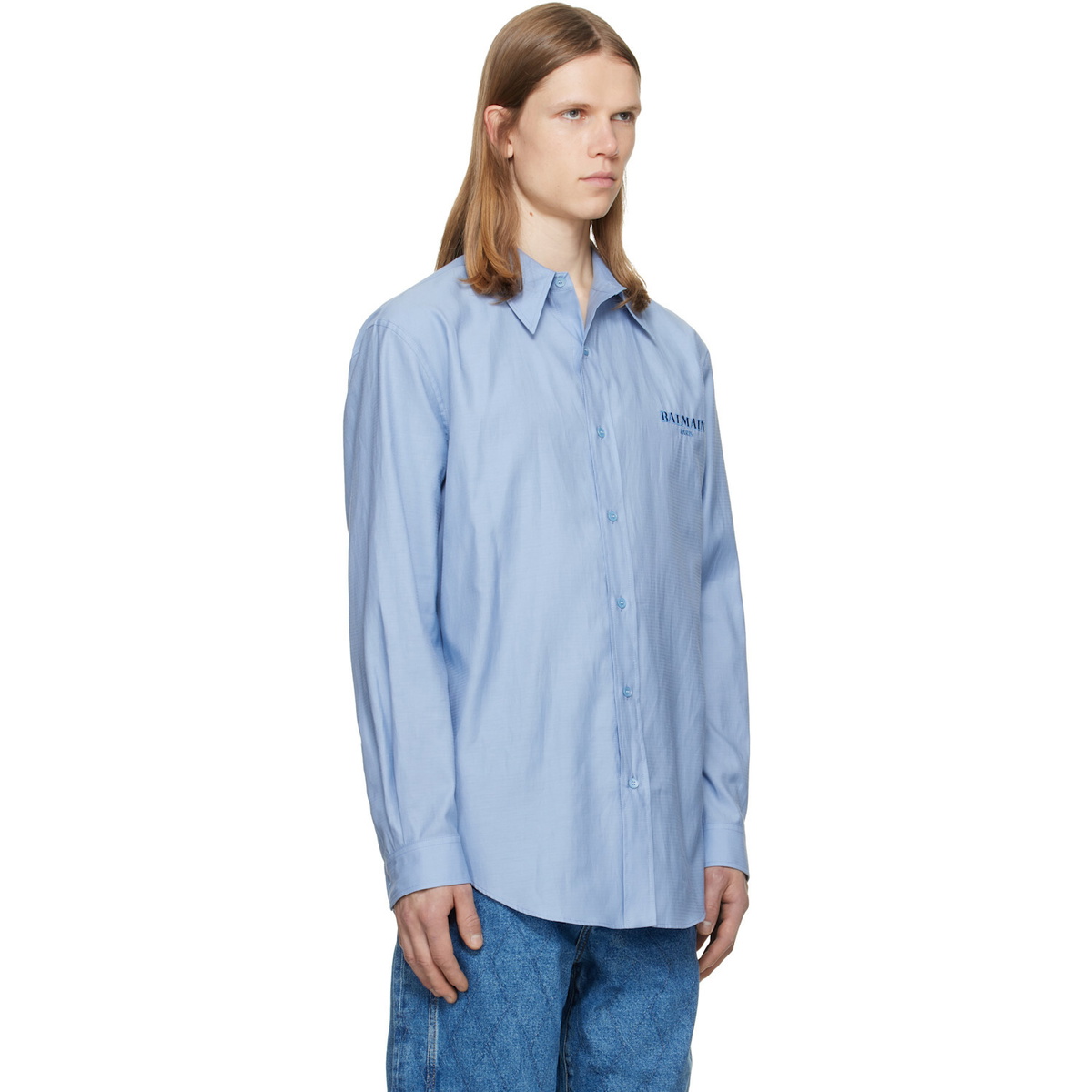 BALMAIN Blue Herringbone Poplin Regular Shirt