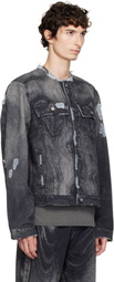 CAMPERLAB Black Distorted Print Distressed Denim Jacket