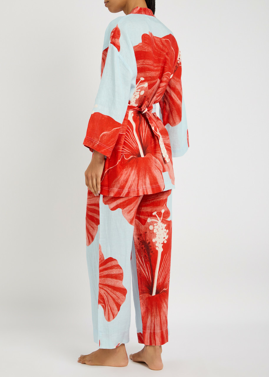 Desmond & Dempsey Grand Hibiscus Printed Linen Pyjama set Red