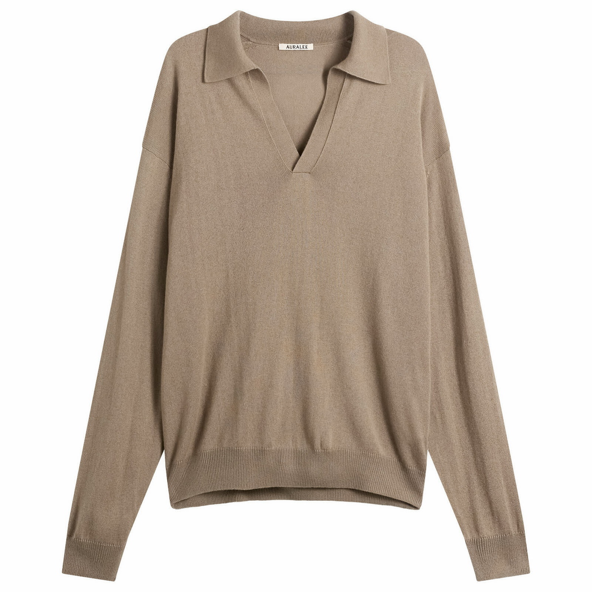 Auralee Men's Cashmere Silk Knit Skipper Polo in Khaki Brown