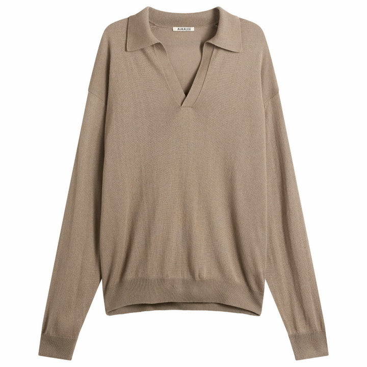 Photo: Auralee Men's Cashmere Silk Knit Skipper Polo in Khaki Brown