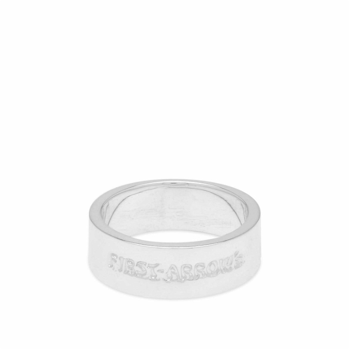 Photo: First Arrows Men's Flat Hammered 8mm Logo Ring in Silver