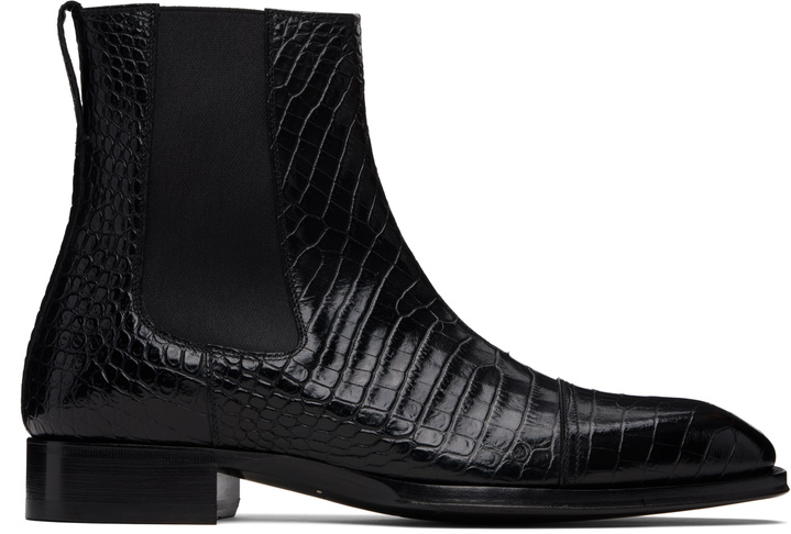Photo: TOM FORD Black Shiny Printed Croc Elkan Chelsea Boots