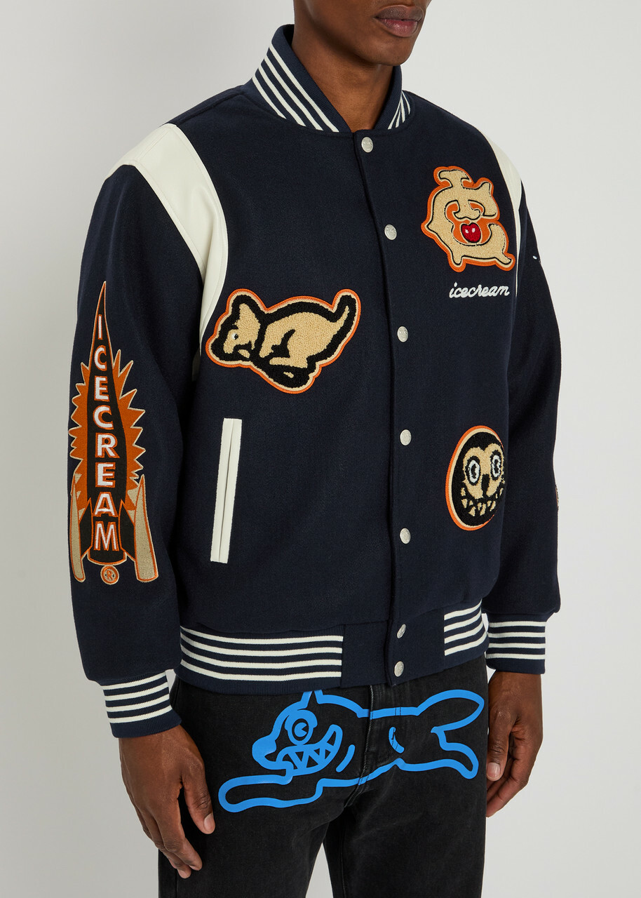 Icecream Varsity jacket 付属品付き ICECREAM checkout varsity jacket in white and blue | ASOS
