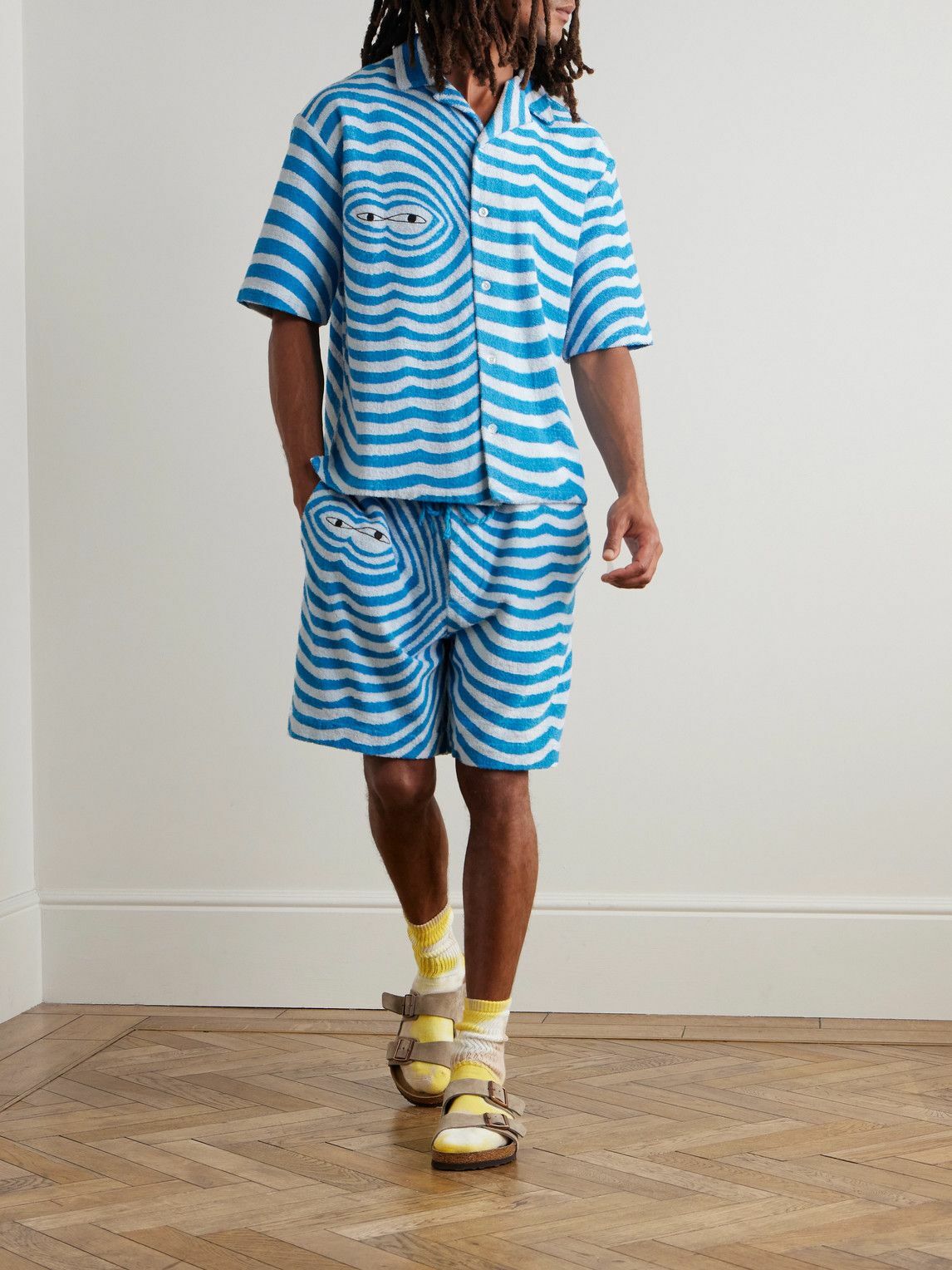 The Elder Statesman - Camp-Collar Embroidered Striped Organic Cotton-Terry Shirt - Blue