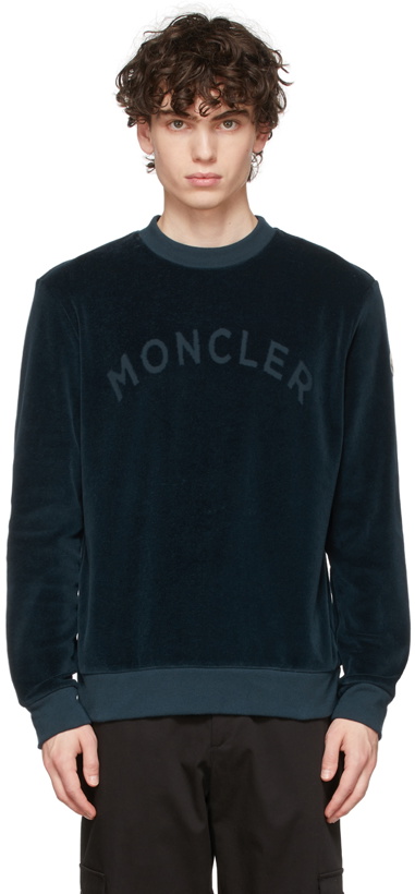 Photo: Moncler Navy Velour Embossed Logo Sweatshirt
