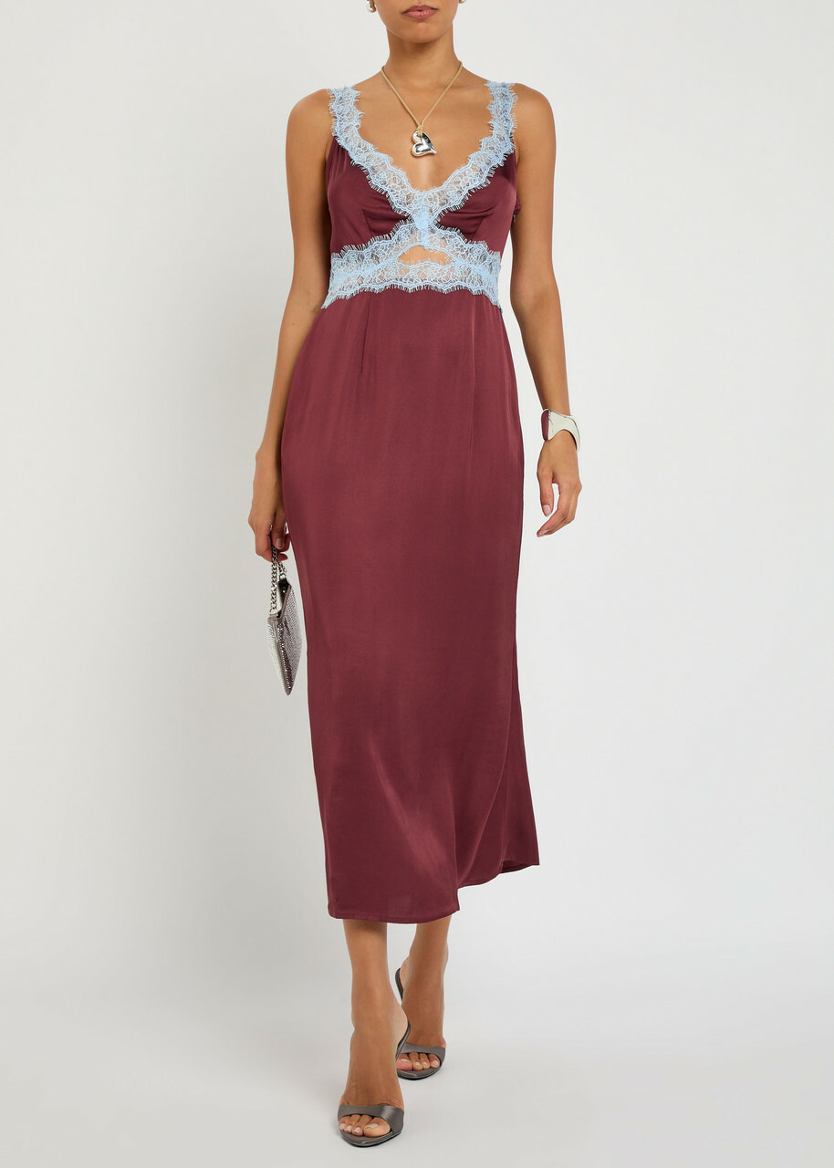 Never Fully Dressed Mimi Lace-trim Satin Midi Dress Burgundy