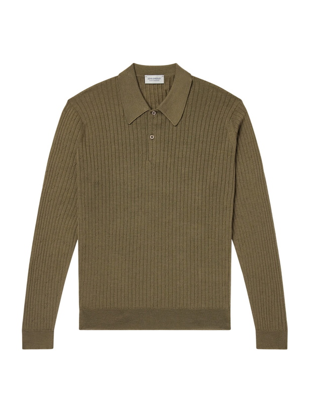 Photo: John Smedley - Hodson Ribbed Merino Wool Polo Shirt - Green