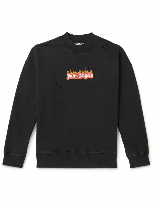 Photo: Palm Angels - Logo-Print Distressed Cotton-Jersey Sweatshirt - Black
