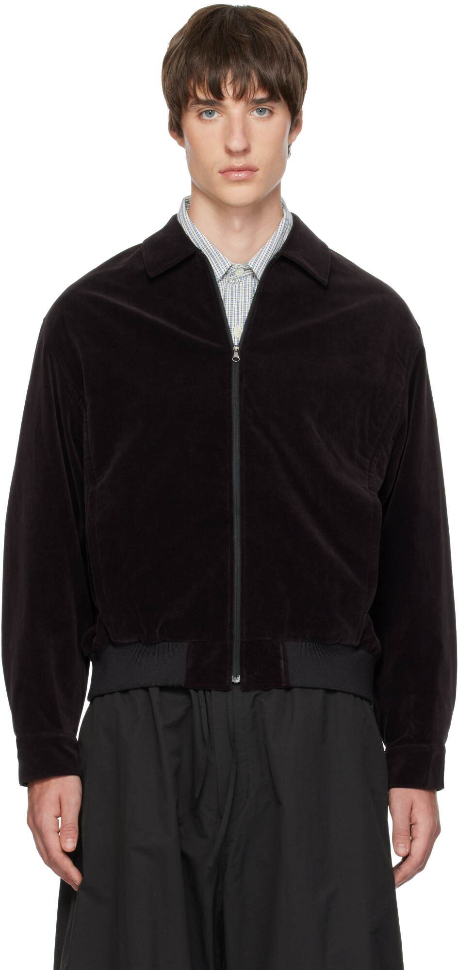 AMOMENTO Brown Velvet Zip-Up Bomber Jacket