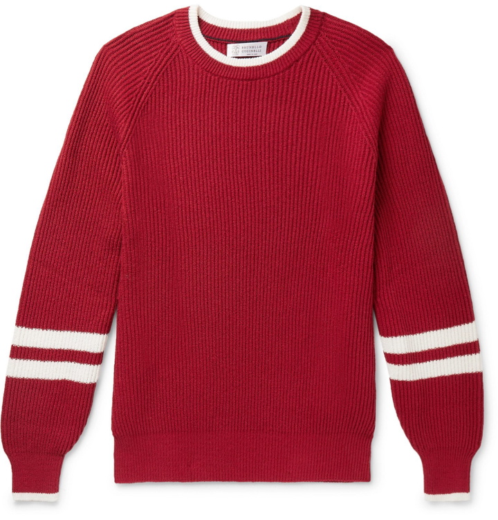 Photo: Brunello Cucinelli - Striped Ribbed Cotton Sweater - Red