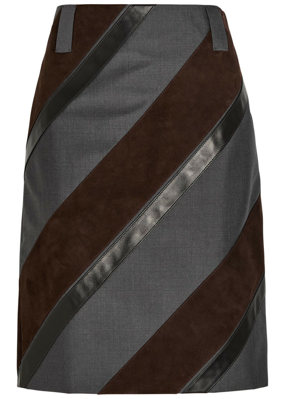 Versace Panelled Leather and Mohair-blend Knee-length Skirt Grey