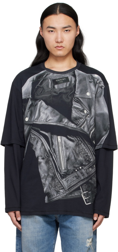 Photo: Balmain Black Long Sleeve Biker Jacket Print T-shirt