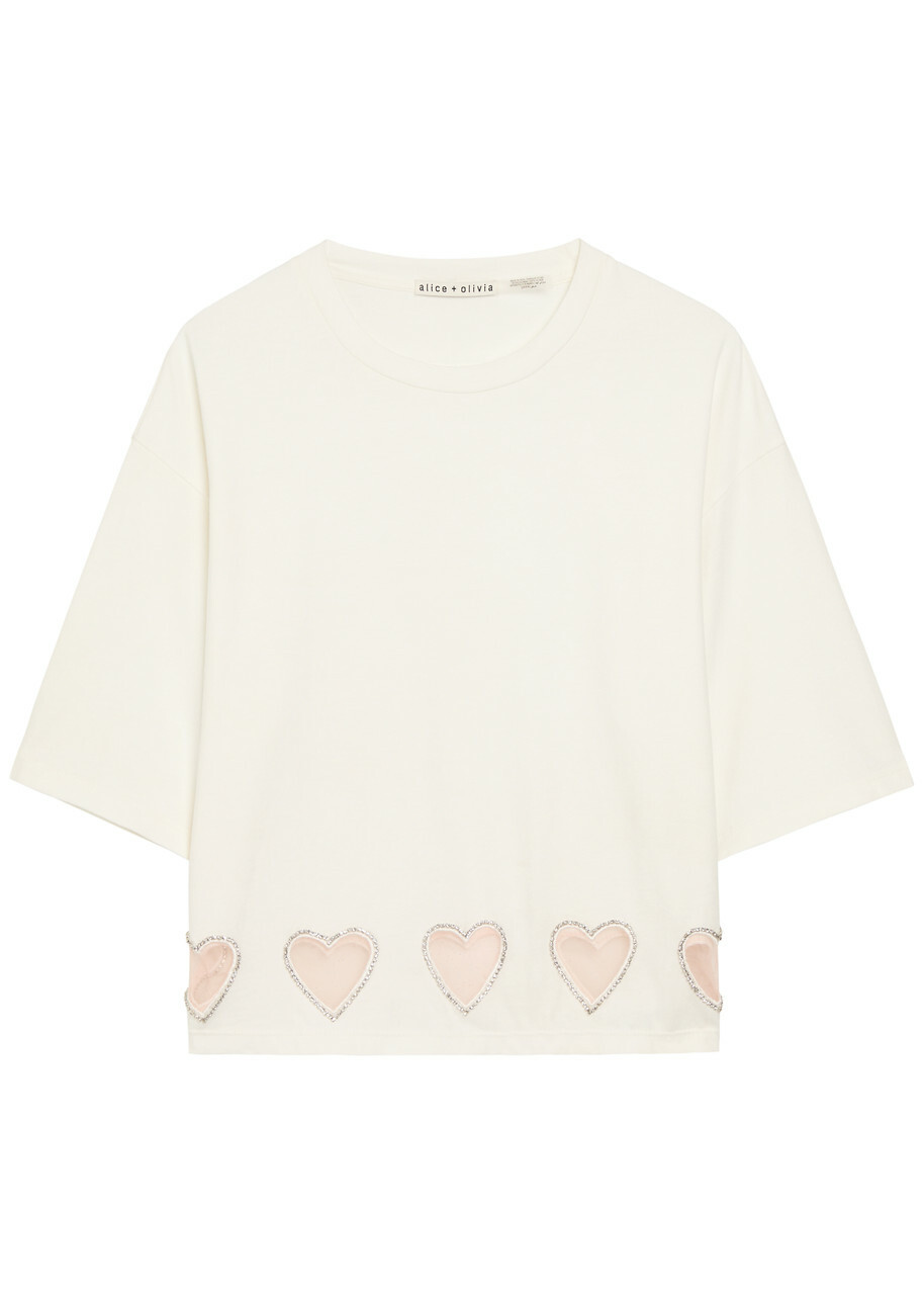 Alice + Olivia Evan Heart Embellished Cropped Cotton T-shirt White
