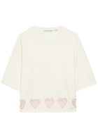 Alice + Olivia Evan Heart Embellished Cropped Cotton T-shirt White