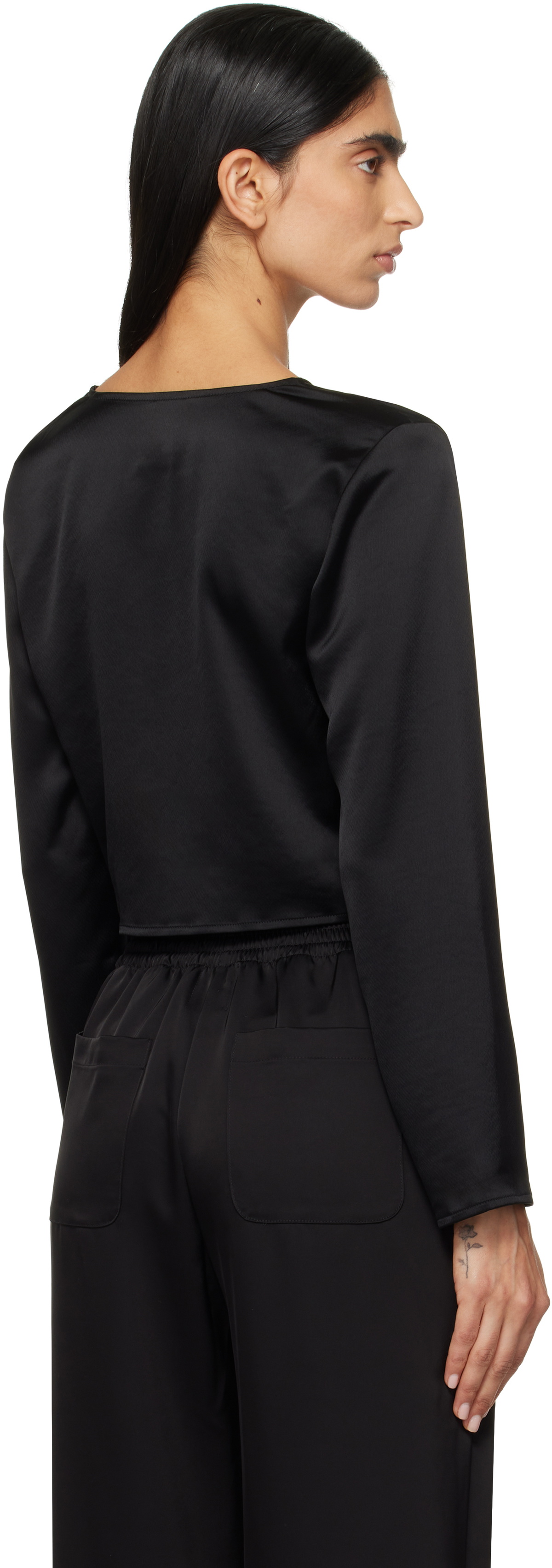 LESET Black Barb Long Sleeve Tie Blouse