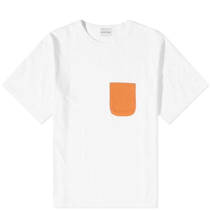 Photo: Country Of Origin Men's Pocket T-Shirt in White/Sunshine Orange
