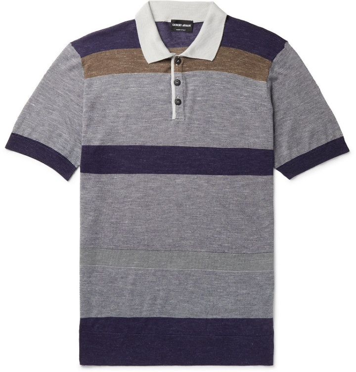 Photo: Giorgio Armani - Slim-Fit Striped Silk, Cashmere and Linen-Blend Polo Shirt - Blue