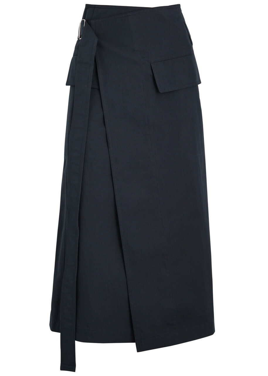 Helmut Lang Belted Cotton-blend Midi Wrap Skirt Navy Helmut Lang