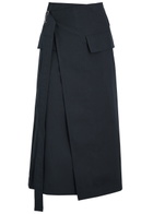 Helmut Lang Belted Cotton-blend Midi Wrap Skirt Navy