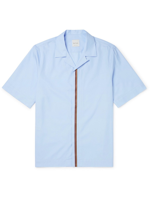 Photo: PAUL SMITH - Camp-Collar Stripe-Trimmed Cotton-Poplin Shirt - Blue - XS