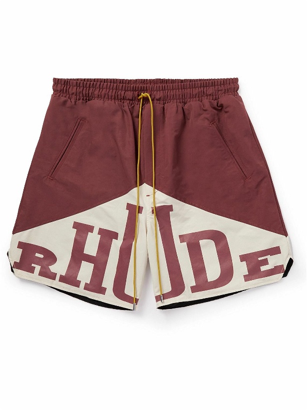 Photo: Rhude - Straight-Leg Logo-Print Cotton-Blend Twill Drawstring Shorts - Burgundy