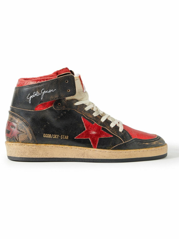 Photo: Golden Goose - Sky Star Distressed Leather High-Top Sneakers - Black
