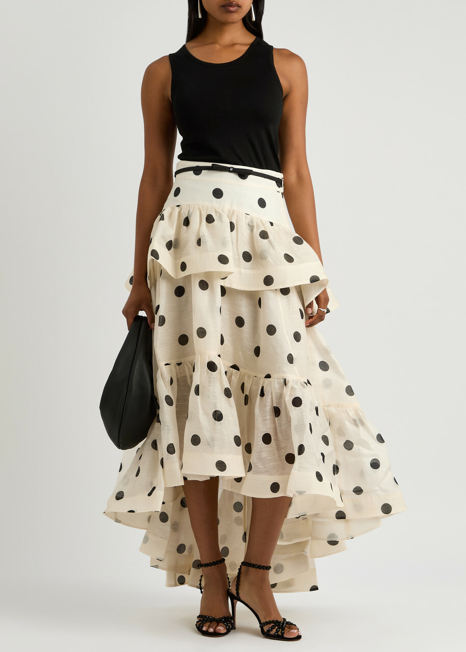 Zimmermann Crush Belted Polka dot Linen-blend Midi Skirt