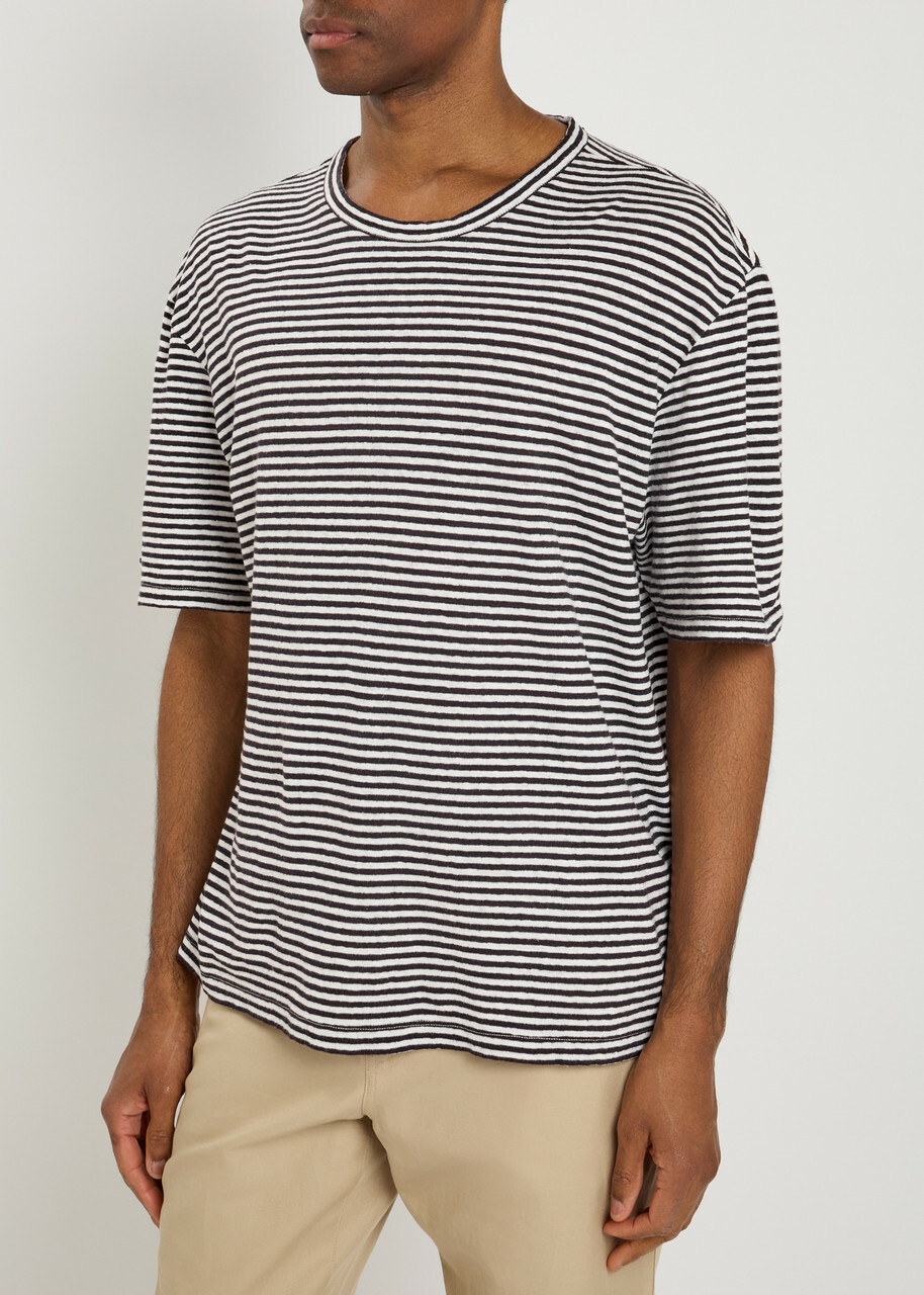 Officine Générale Elden Striped Cotton and Linen-blend T-shirt Navy