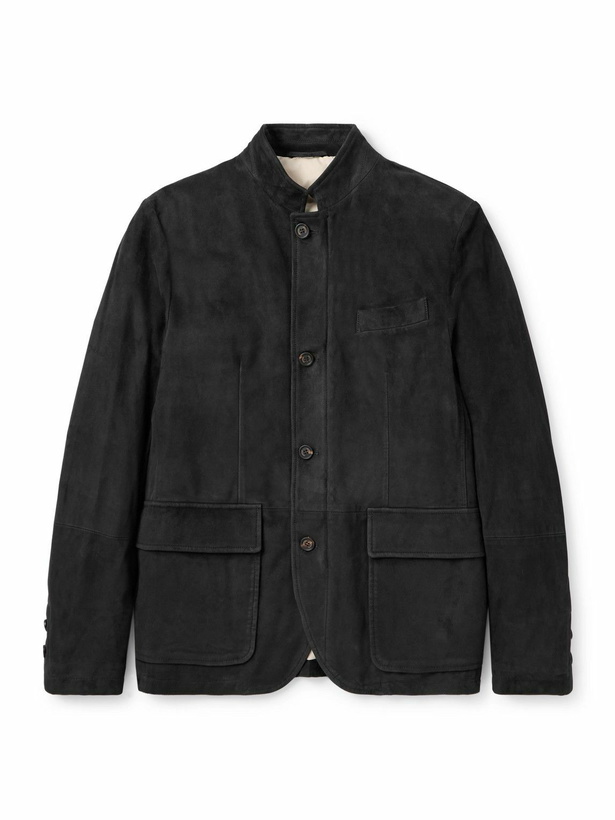 Photo: Eleventy - Slim-Fit Nehru-Collar Padded Suede Down Jacket - Black
