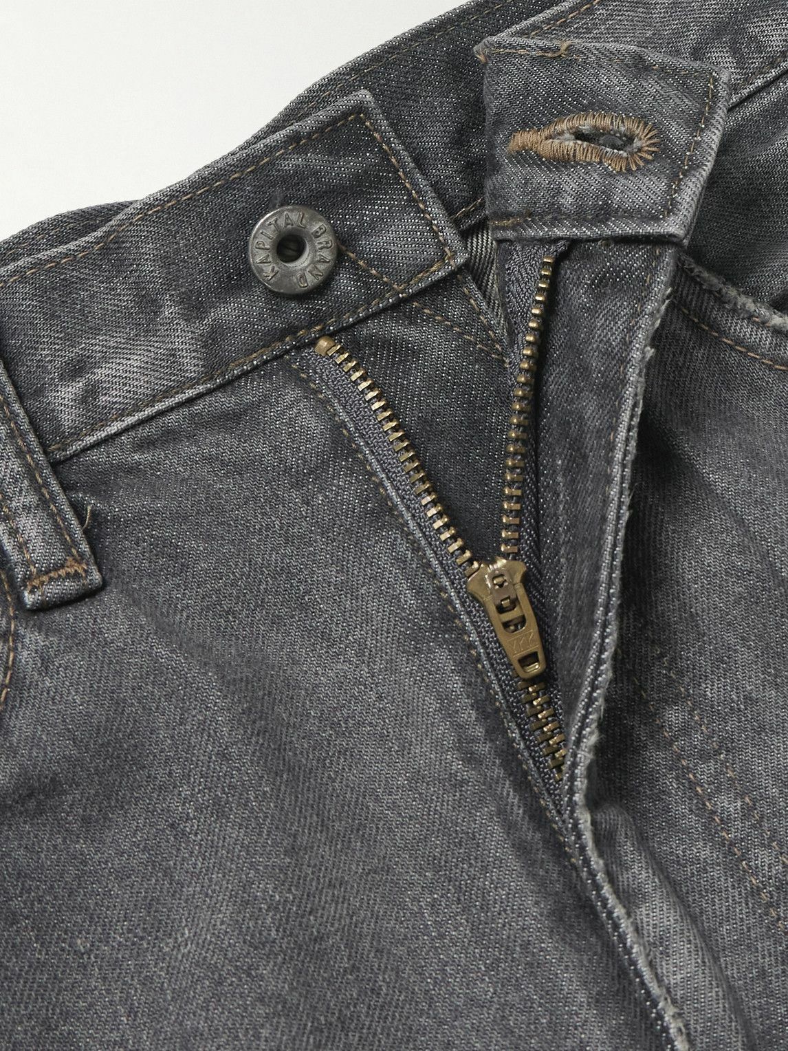 KAPITAL - Wide-Leg Appliquéd Distressed Denim Shorts - Gray