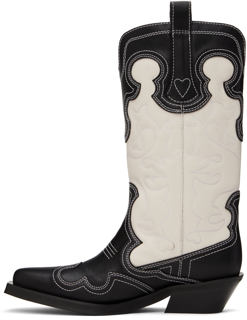 GANNI Black & White Mid Shaft Embroidered Western Boots GANNI
